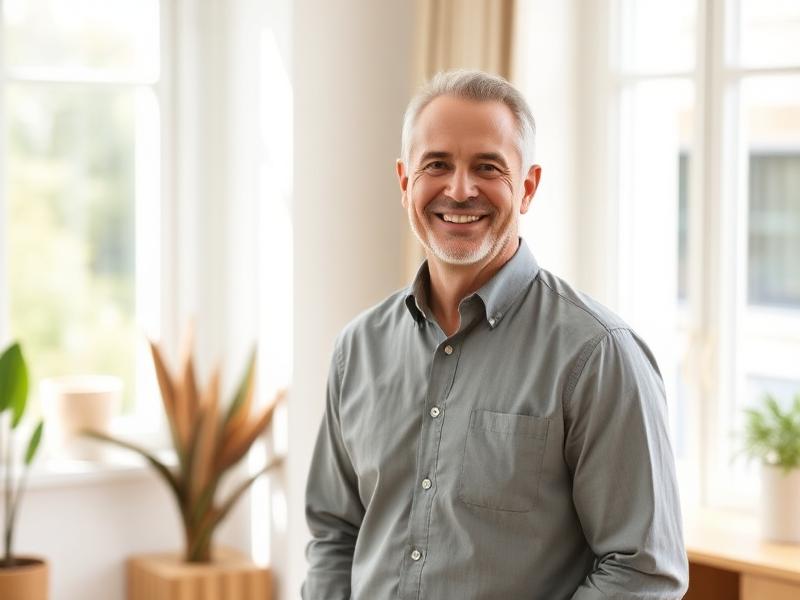 Confident smiling middle-aged man in a bright modern home