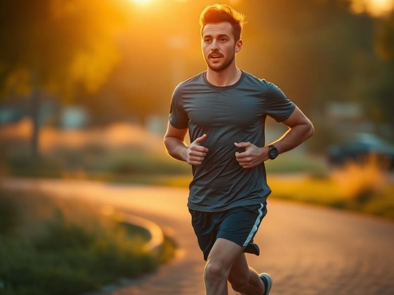 Man jogging outdoors at sunrise full of energy