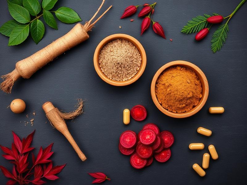 Natural supplement ingredients including ginseng root, herbs, and capsules on a dark slate background