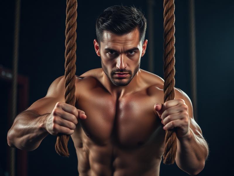 Athletic man training intensely with battle ropes in a dark gym